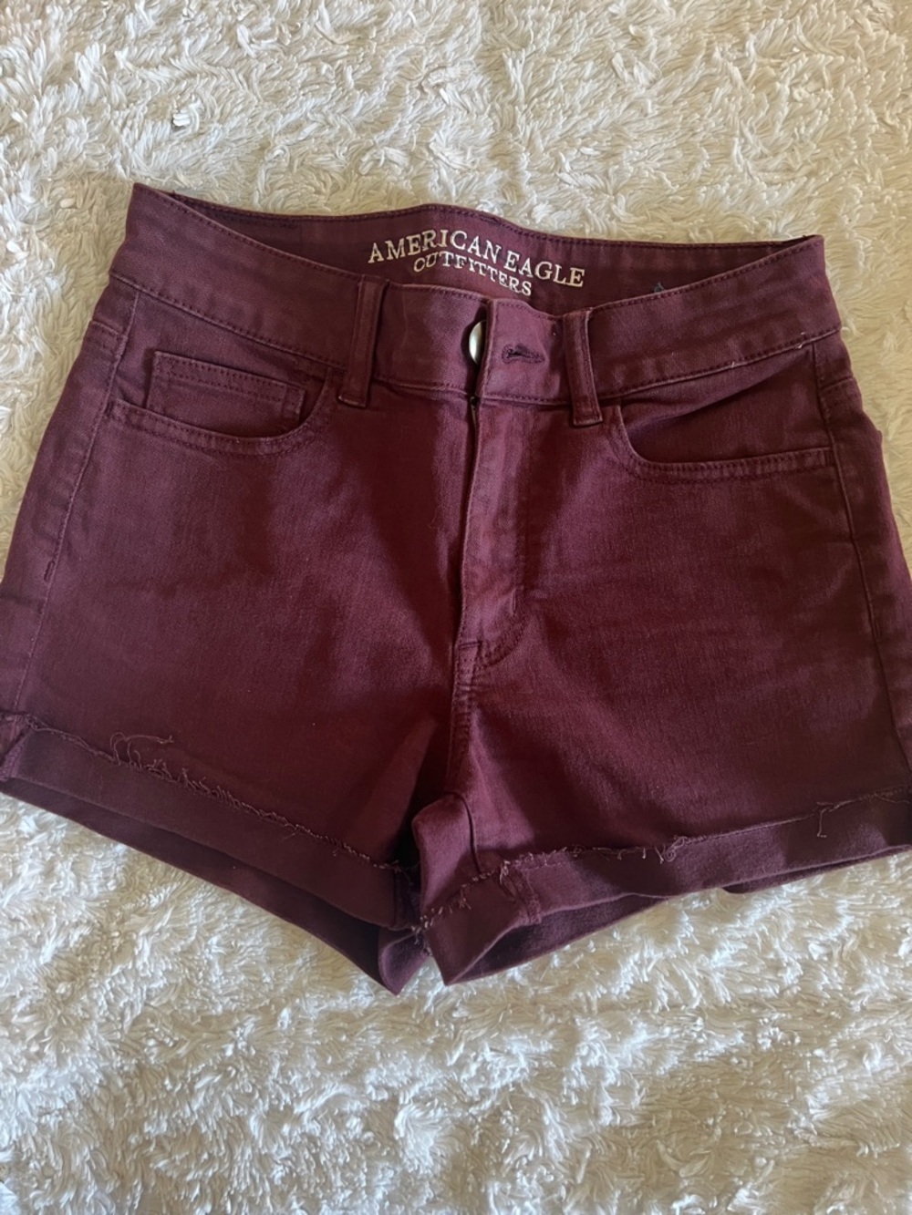 American Eagle Outfitters Women's Maroon Hi-Rise Shortie Denim Shorts